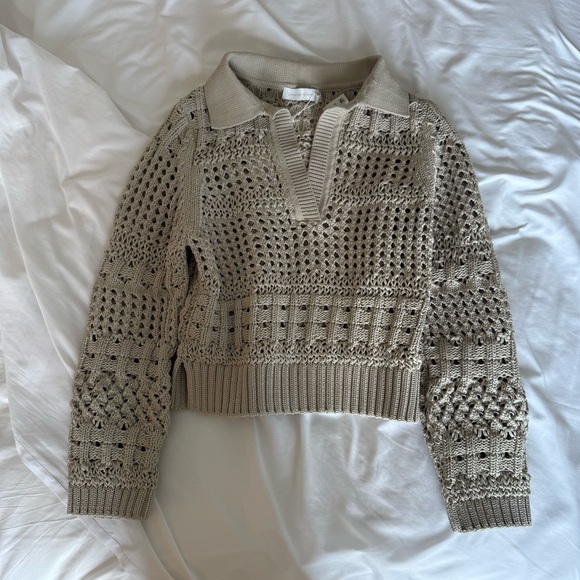 Jonathan Simkhai Sweaters - Jonathan Simkhai Open-Knit Polo Sweater in Taupe